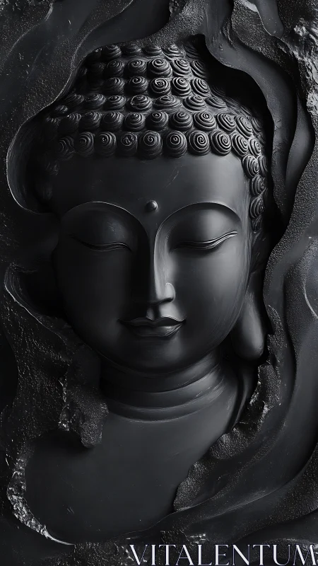 Monochrome relief of Buddha head in carved dark stone.