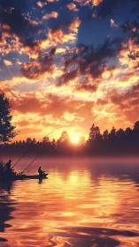 Angler silhouettes on calm lake under vivid sunset sky.