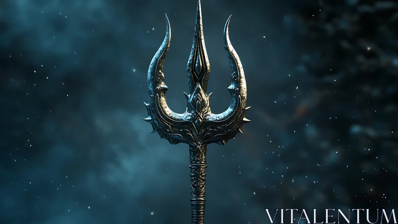 Mythic tri-pronged spear rendered in high-detail 3D metalwork.