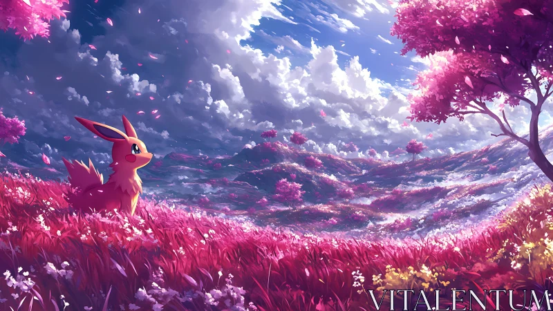 Eevee gazes across a pink blossom dream valley landscape.