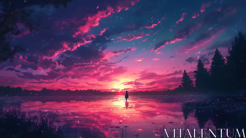 Chromatic dusk horizon with solitary figure on reflective lake.