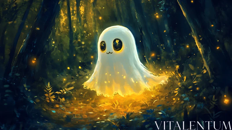Glowing forest ghost with luminous eyes in painterly night scene.