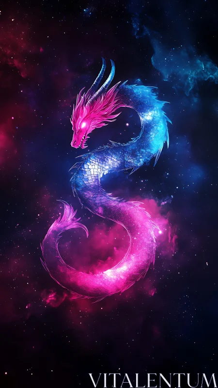 Cosmic neon dragon coils through a vibrant galactic void