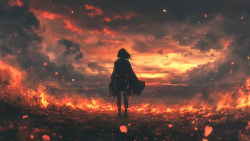 Lone anime warrior confronts a burning horizon at dusk
