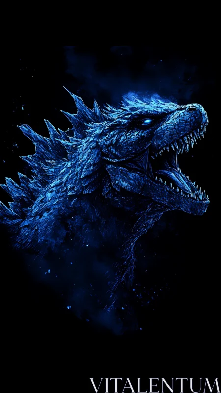 Glowing blue kaiju roars in a dramatic cosmic void.