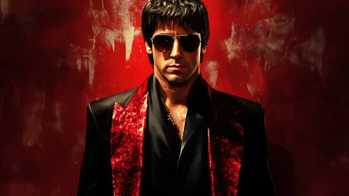Digital portrait of man in sunglasses on red backdrop.