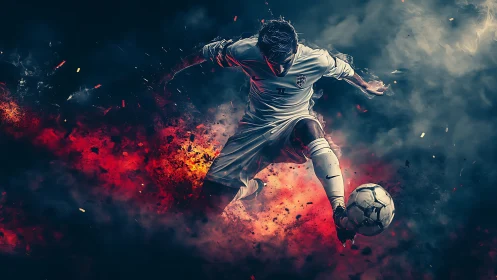 Dynamic soccer forward striking ball through blazing smoke.