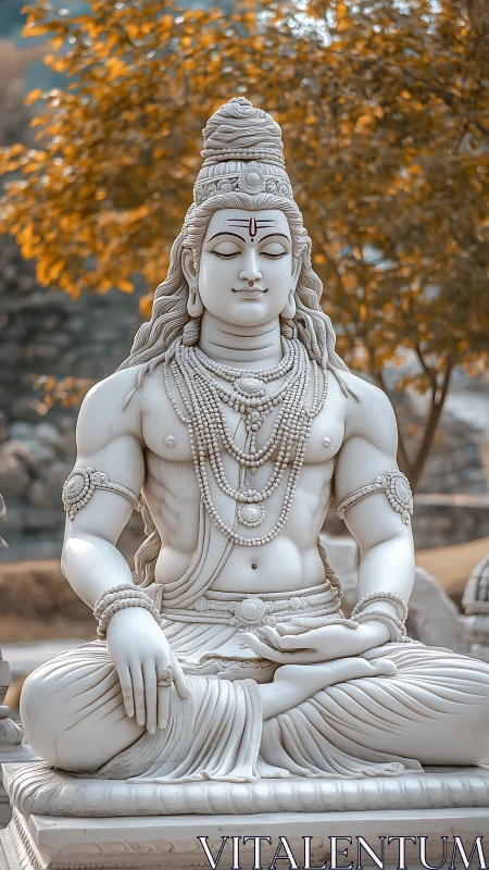 Stone statue of seated deity in detailed meditative pose