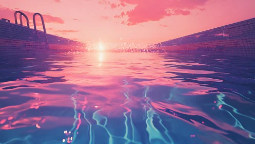 Swimming pool surface with sunset light and vivid colors.