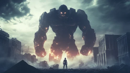 Colossal humanoid construct facing lone figure in ruins.