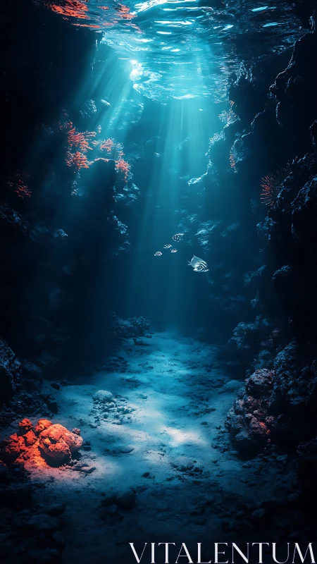 Sunlit underwater canyon welcomes gentle coral reef life