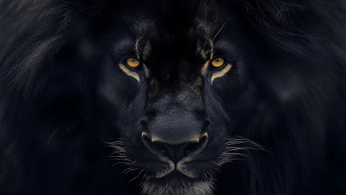 Photorealistic low‑key portrait of a black‑maned lion face.