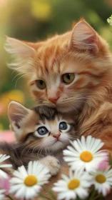 Orange Cat Protects Tabby Kitten Among Daisies.