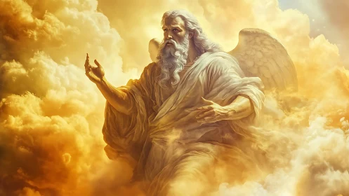 Radiant winged elder resting in a golden sea of clouds.