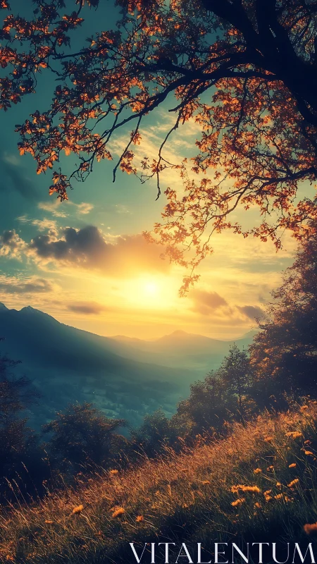 Sunlit mountain slope under glowing autumn canopy.