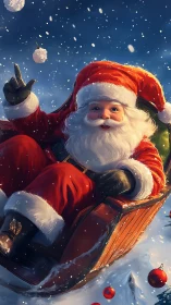 Snowball-slinging Santa rockets downhill in sparkling joy.