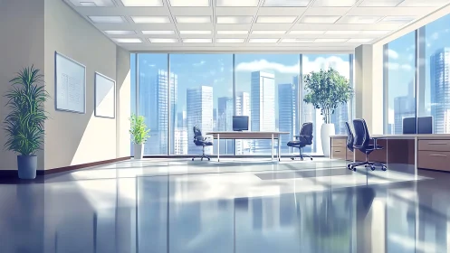 Sunlit modern office interior with panoramic city skyline.