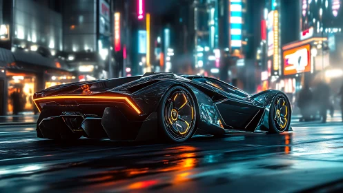 Futuristic low-profile sports car in wet neon city street.
