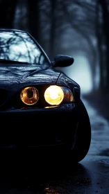Moody night drive with glowing headlights on a rainy road.