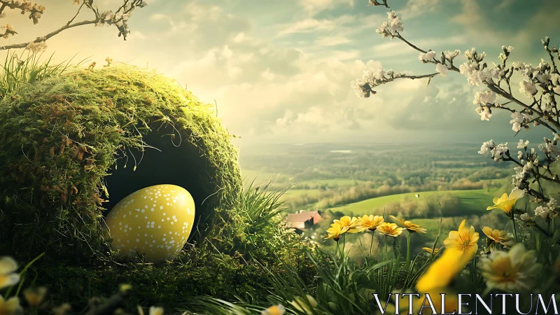 Mossy hillside burrow with speckled yellow egg and spring meadow