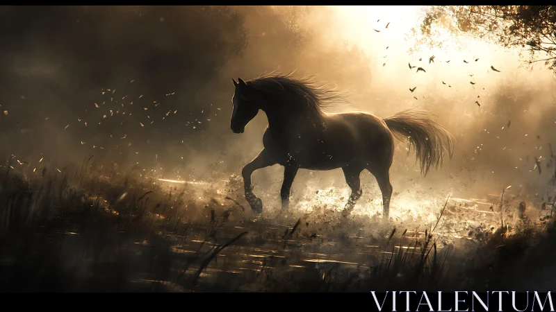 Backlit horse silhouette traverses misty marsh with dynamic particles