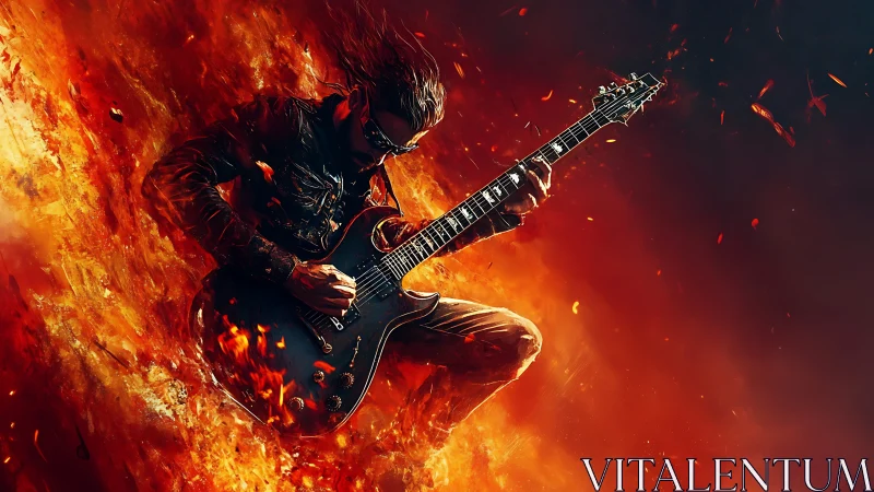 Guitarist rendered amid concentrated flame and embers