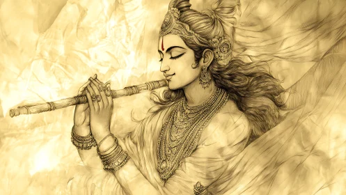 Divine flute player in flowing golden spiritual serenity