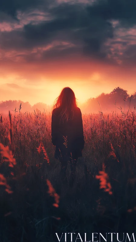 Silhouette in field facing low sun under dense cloud cover.
