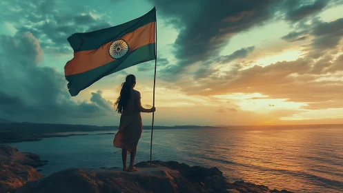 Coastal silhouette holding Indian flag at dynamically lit sunset.