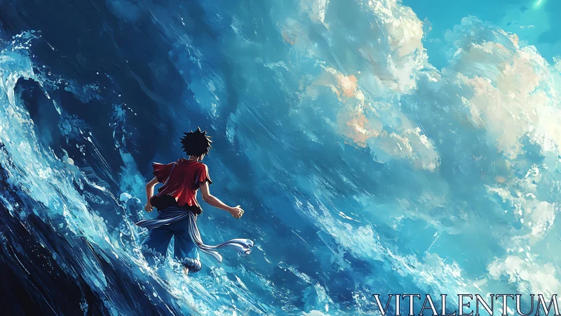 Runaway dreamer races the storm-creased ocean skyward.