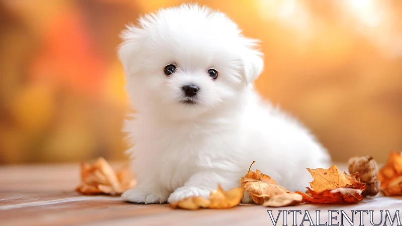 White puppy on wooden surface with warm autumn bokeh glow.