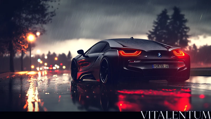 Sleek sports car glows on rain-soaked city street at dusk.