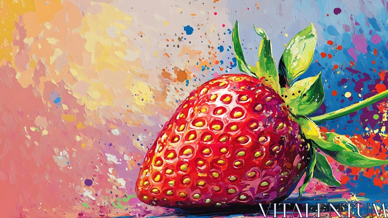 Strawberry study under vivid splatter brushwork backdrop.
