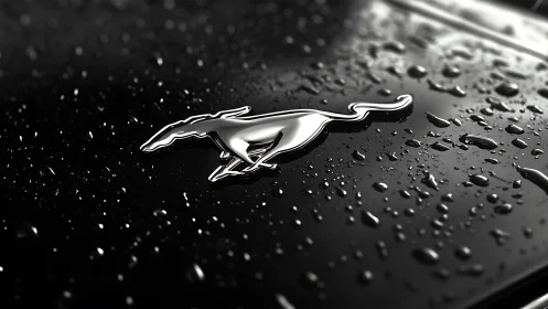 Chrome horse emblem on rain soaked black car hood