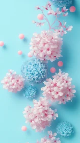 Floral arrangement with hydrangea specimens on cyan background.