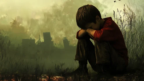 Sad boy sits alone in overgrown field near ruins