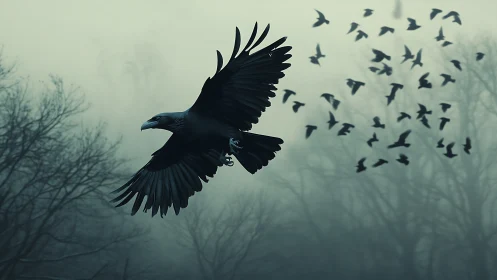 Misty forest raven leading a twilight flock in quiet flight.