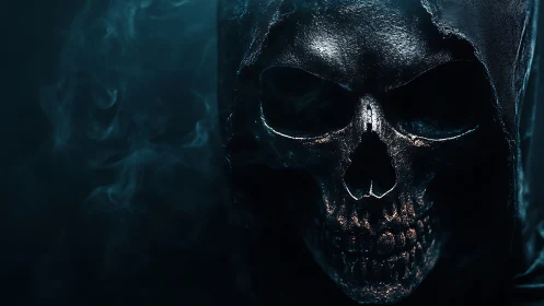 Specular-lit hooded skull rendered with high-contrast volumetric fog