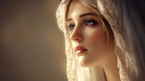 Luminous veiled maiden gazes toward unseen horizons.