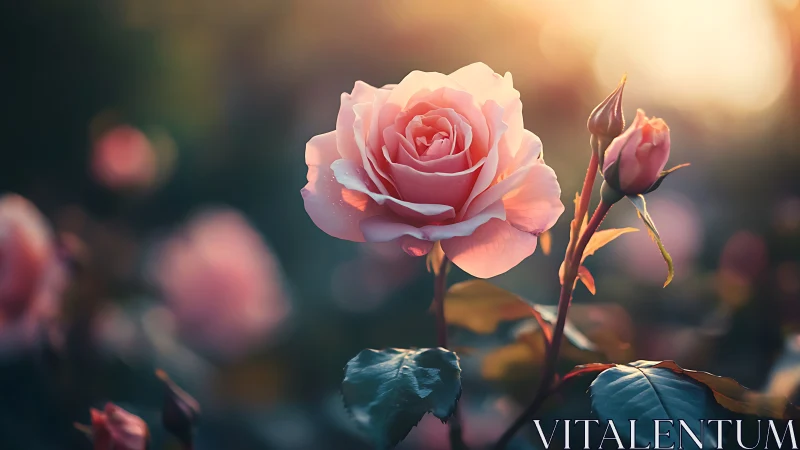 Soft pink garden rose glows gently in warm evening light