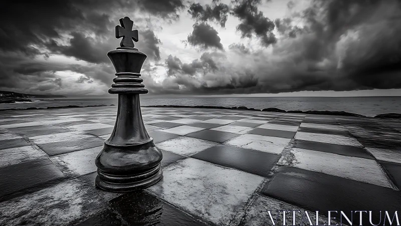 Monochrome king chess piece on wet coastal board under storm