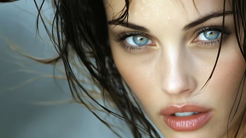 Macro cinematic portrait of wet blue eyes and skin texture.