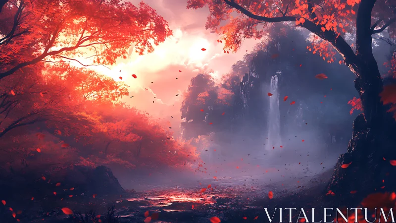 Crimson forest canyon with misted waterfall at twilight.