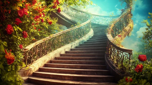 Enchanted garden staircase ascends toward luminous sky.