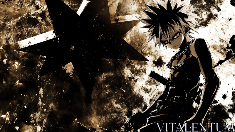 Brooding anime warrior stands amid bold grunge chaos