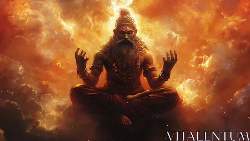 Digital painting of fiery ascetic in transcendent meditation field.