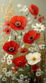 Red Poppies Garden Composition Against Sage Green.