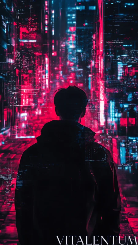 Silhouetted figure in neon lit digital city environment.
