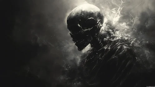 From swirling smoke emerges a skeletal wraith in shadowed void.