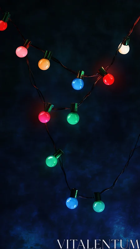 Photorealistic multicolor string lights on deep blue backdrop.